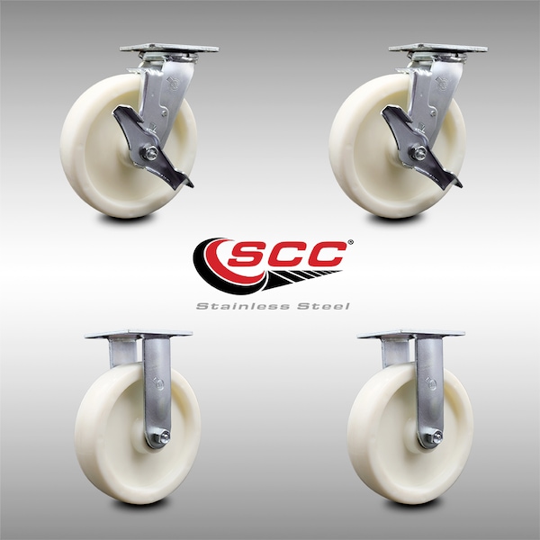 8 Inch Stainless Steel Nylon Caster Set with Roller Bearings 2 Brake 2 Rigid SCC